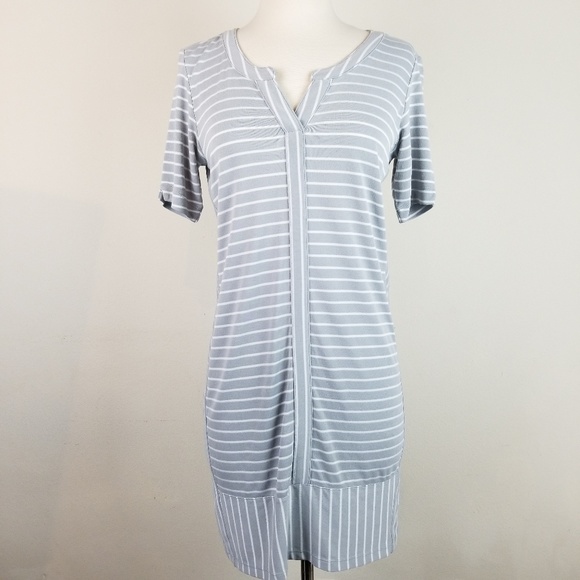 Athleta Gray-White Striped Short Sleeve Dress - Picture 1 of 5